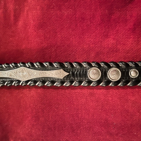 Justin Black Leather Belt W/ Silver & Gold Crumrine Buckle & (11) Silver Conchos - Picture 8 of 16